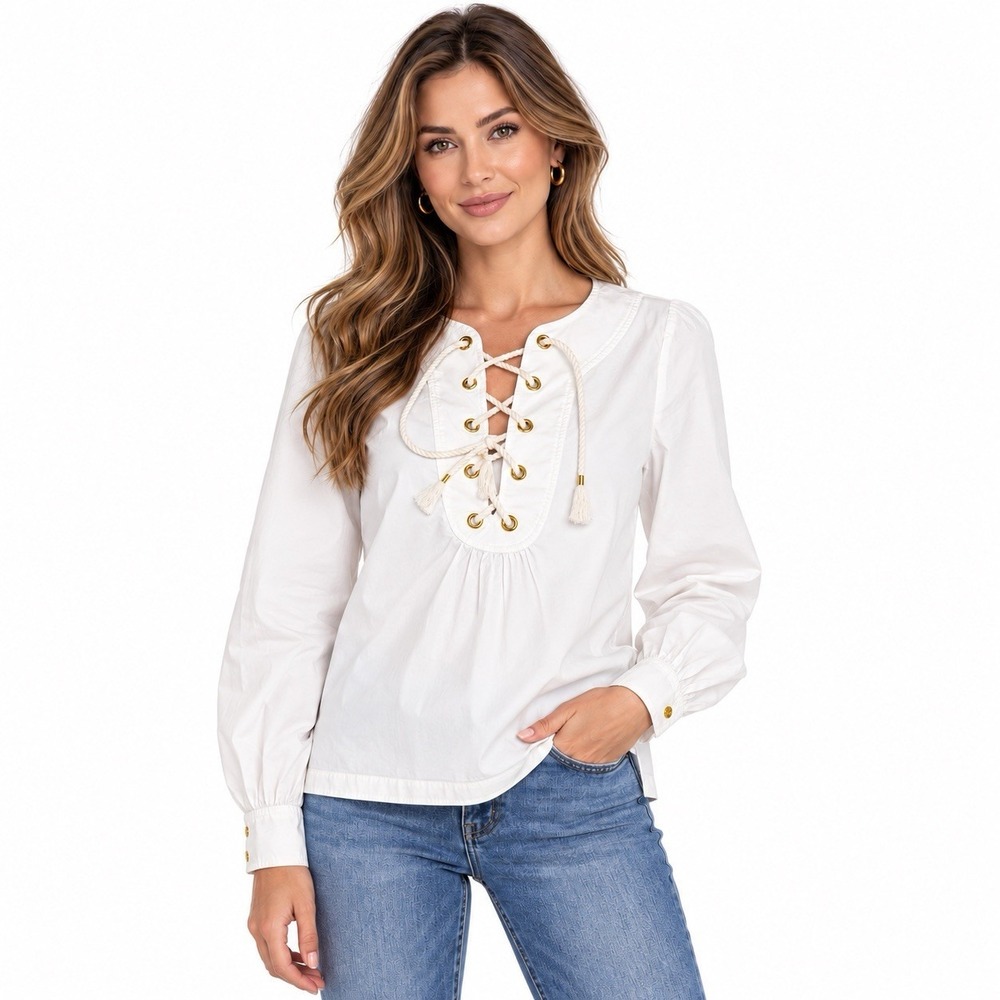 Trina Turk Kahula White Lace-Up Blouse Gold Grommet Long Sleeve Boho Resort Top